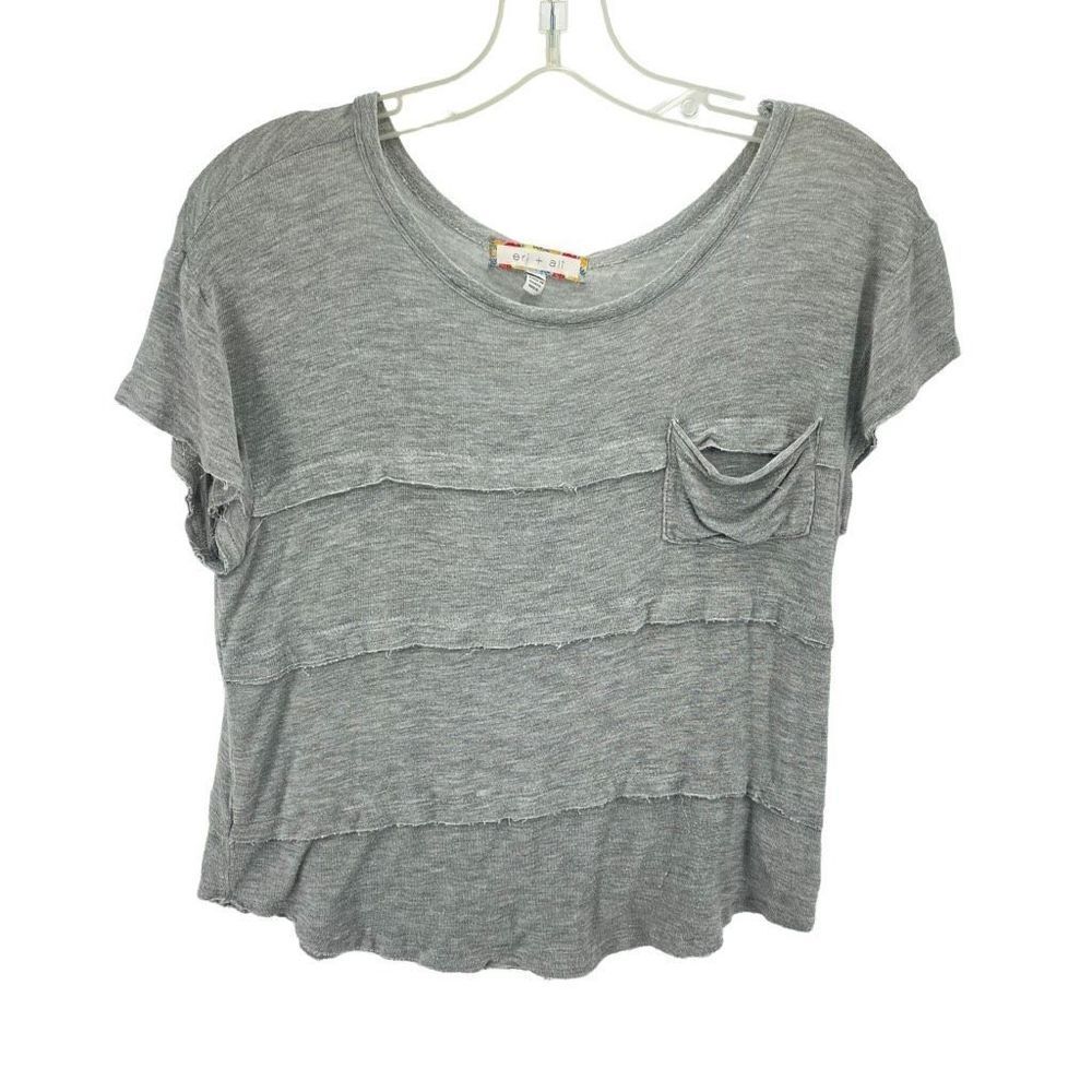 Eri + Ali Womens Scoopneck Shirt Short Sleeve Raw Edge Stretch Pocket Gray Small